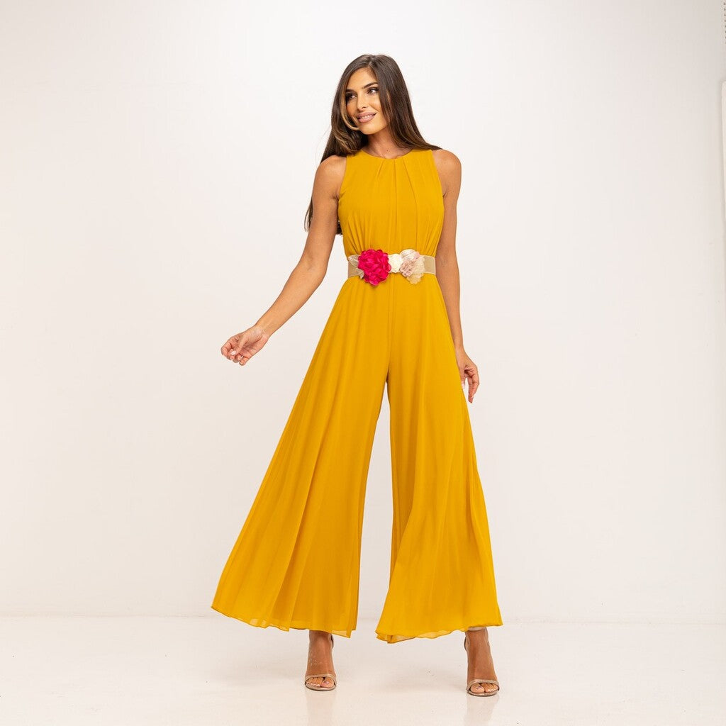 Mono de Fiesta Mostaza con cinturón de flores MANGO ZARA