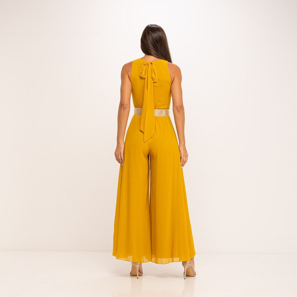 Mono de Fiesta Mostaza con cinturón de flores MANGO ZARA
