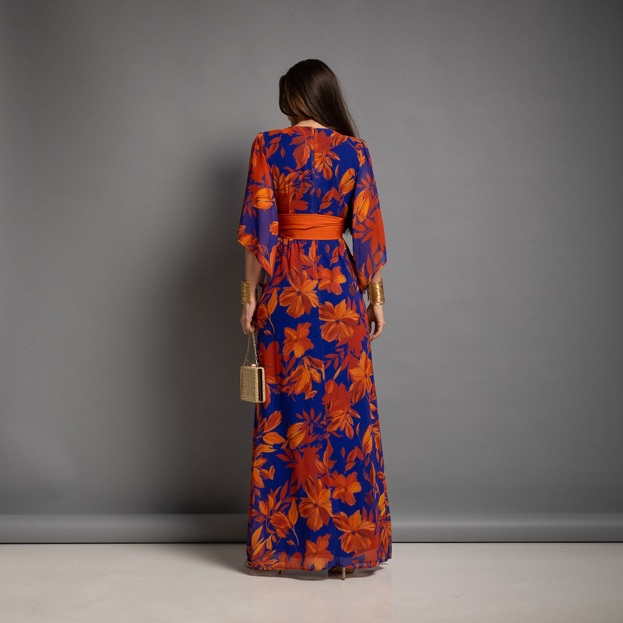 Vestido de Ceremonia Estampado Flores Azul y Naranja Tallas Grandes
