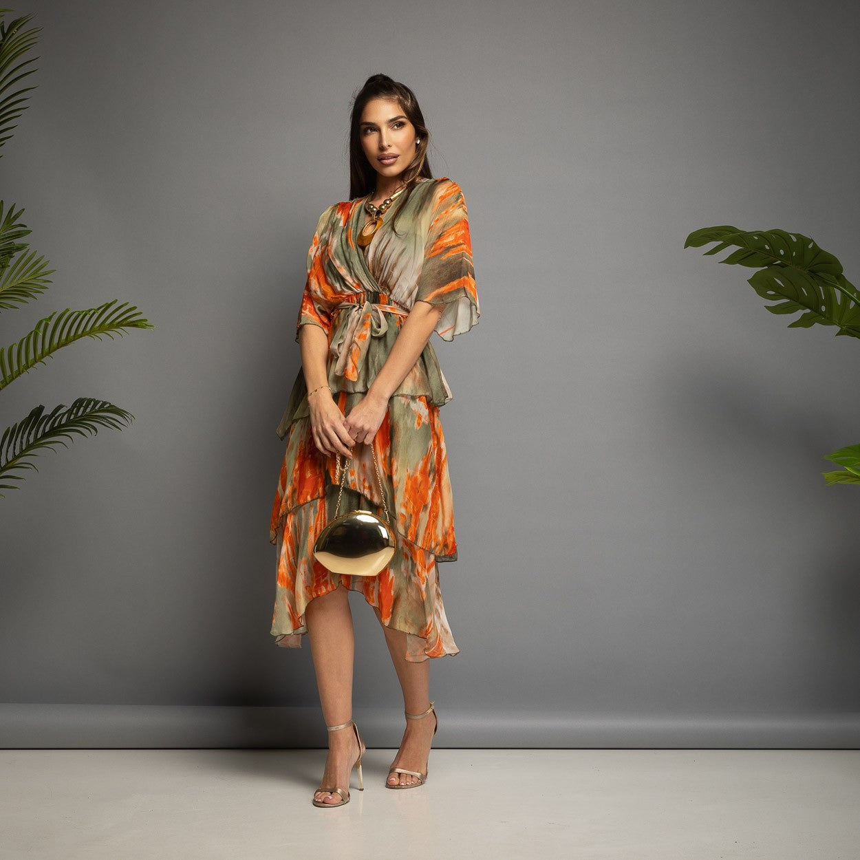 Vestido de Seda Estampado Kaki