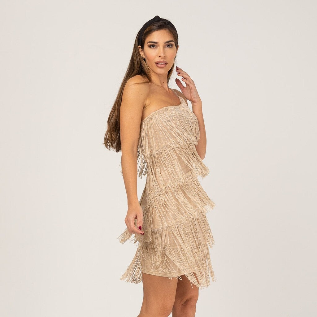 Vestido corto de fiesta beige dorado con flecos ZARA MANGO