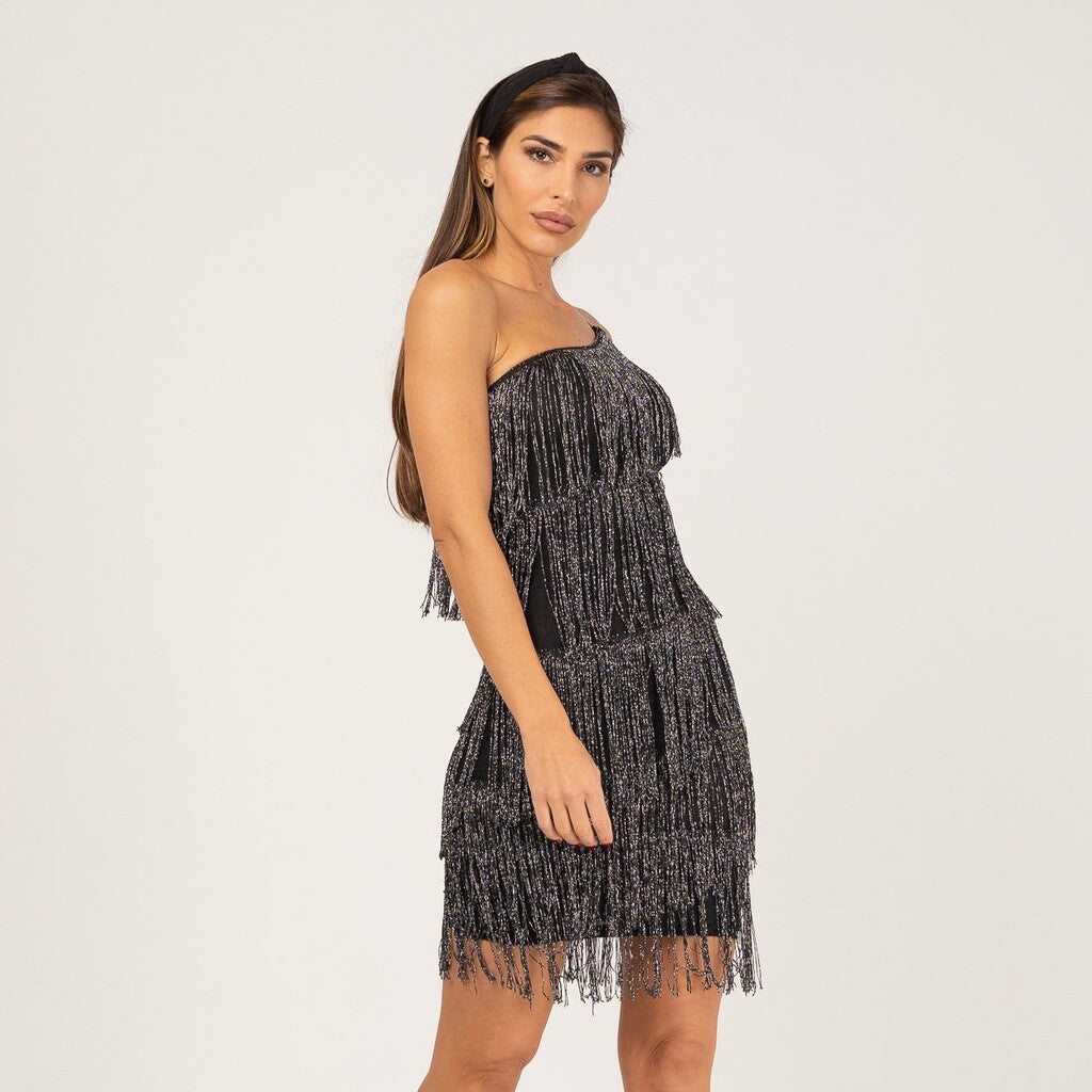 Vestido corto negro plata de fiesta con flecos ZARA MANGO