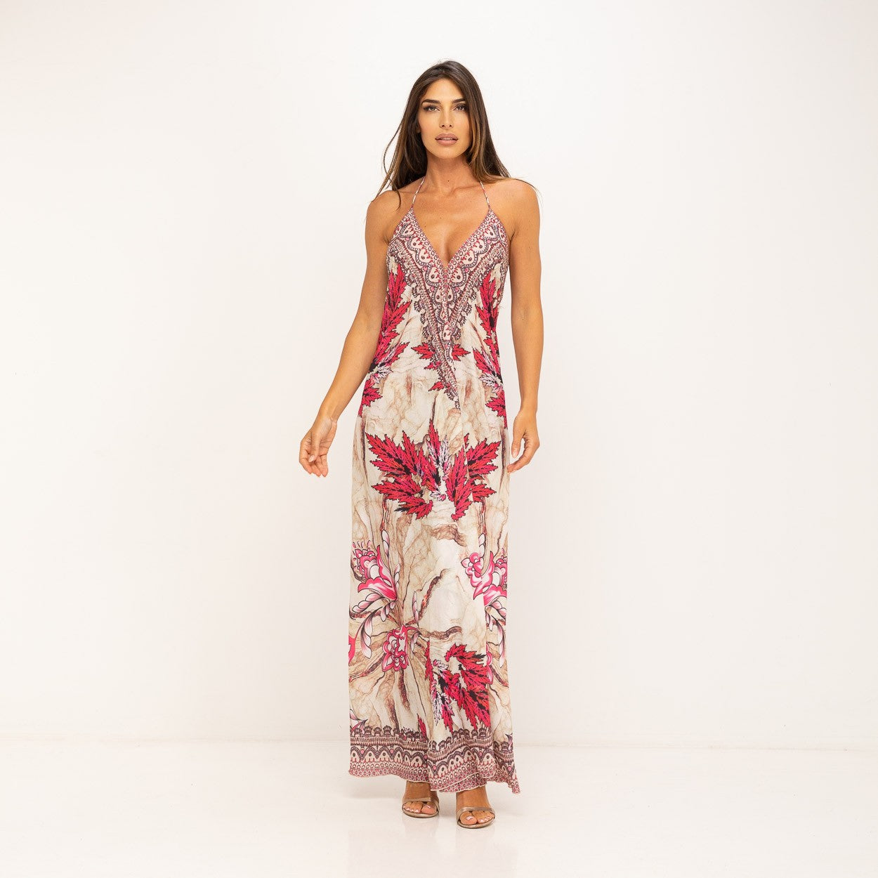 Vestido Tirantes estampado hojas rojo con pedrería MANGO ZARA