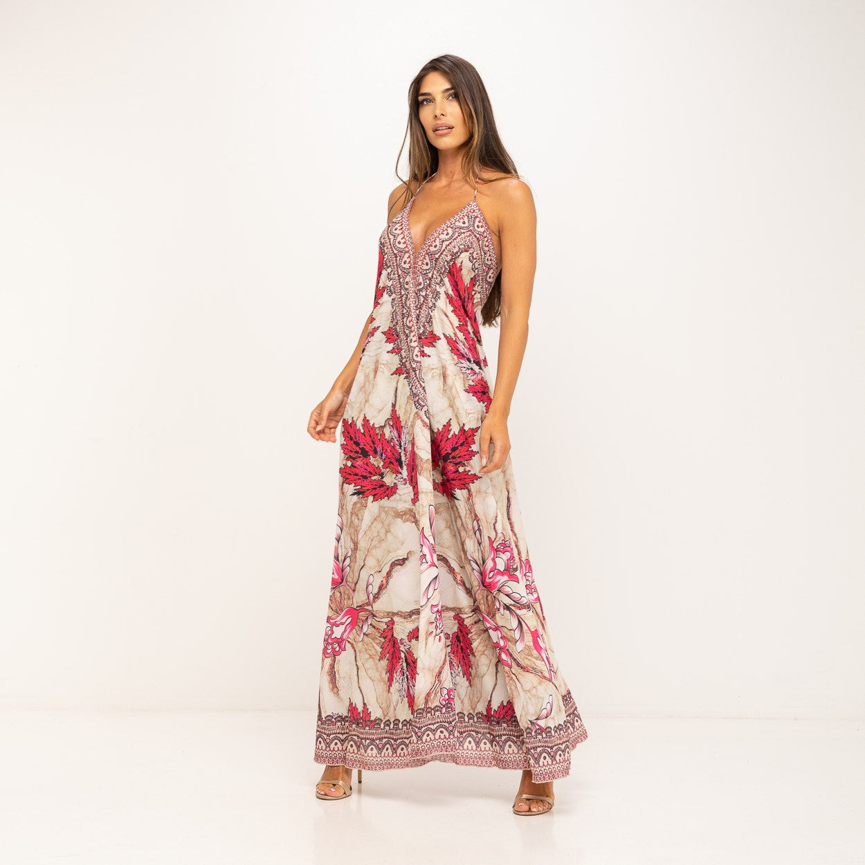 Vestido Tirantes estampado hojas rojo con pedrería MANGO ZARA