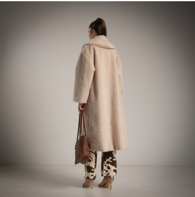 Abrigo largo recto con solapa de pelo de camello sintetico crudo