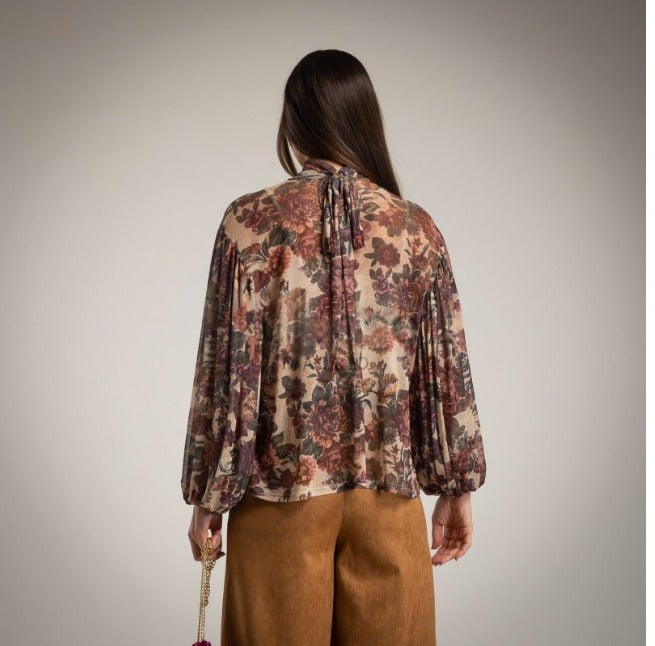 Blusa de tul estampado Floral Mangas Globo Lazo al cuello beige