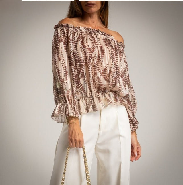 Blusa estampada escote bardot beige