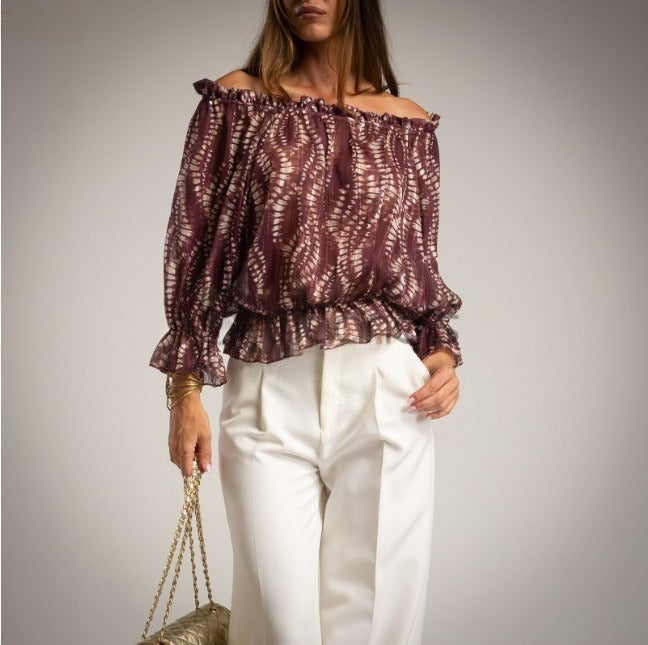 Blusa estampada escote bardot burgundy