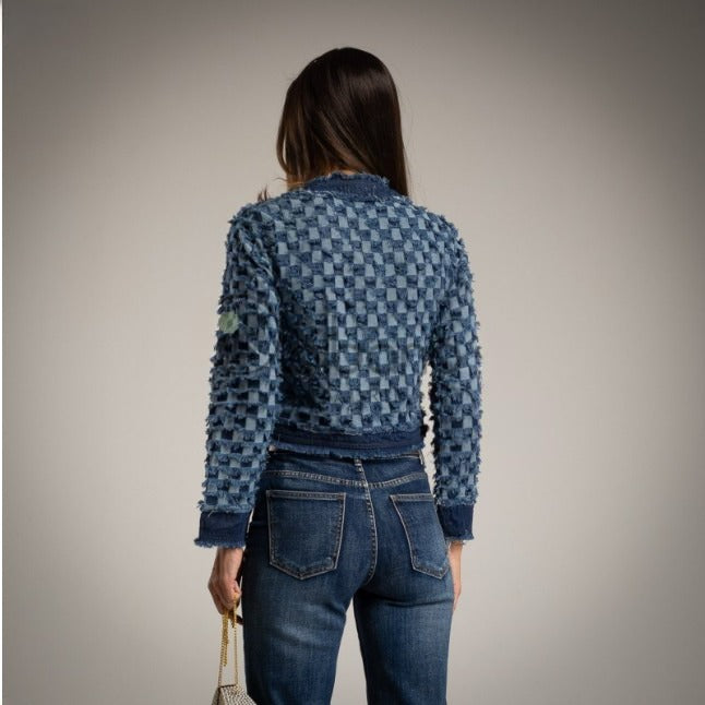 Chaqueta Tipo Chanel Azul Denim cuadros desflecados Moda50