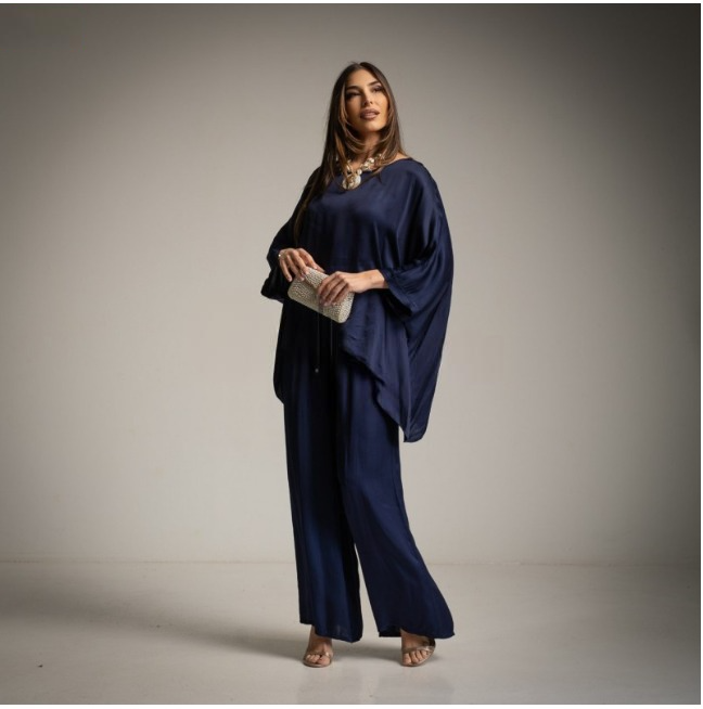 Conjunto Casaca y Pantalón Oversize Saten Azul Marino