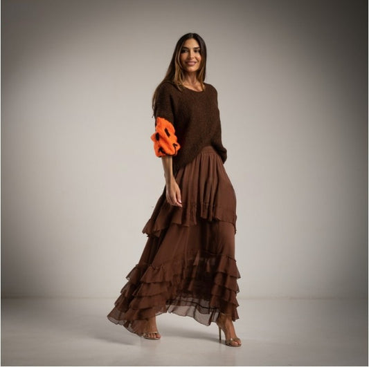 Falda de gasa con volantes marron chocolate