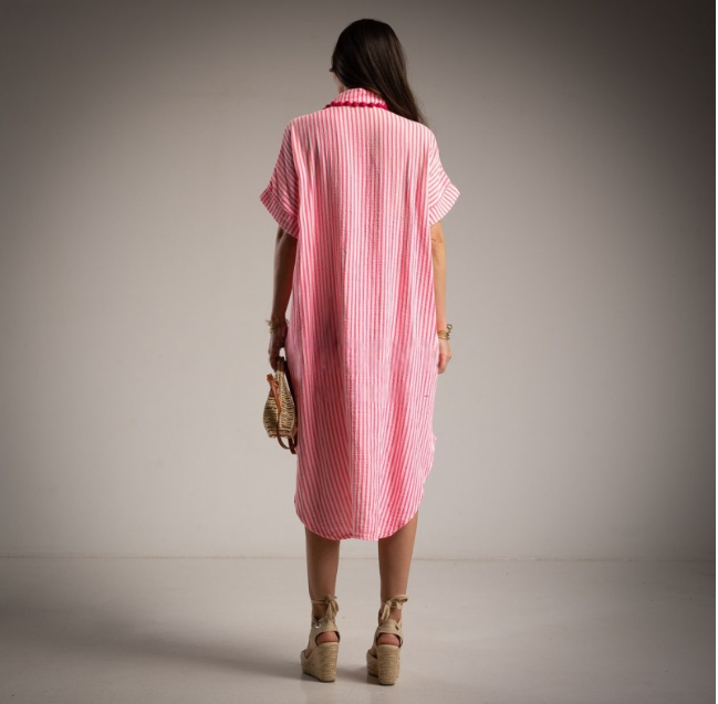 Kaftan a rayas fucsia fluor y blancas Moda 50