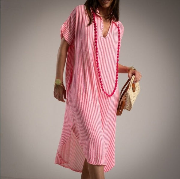 Kaftan de algodon a rayas fucsia y blanco