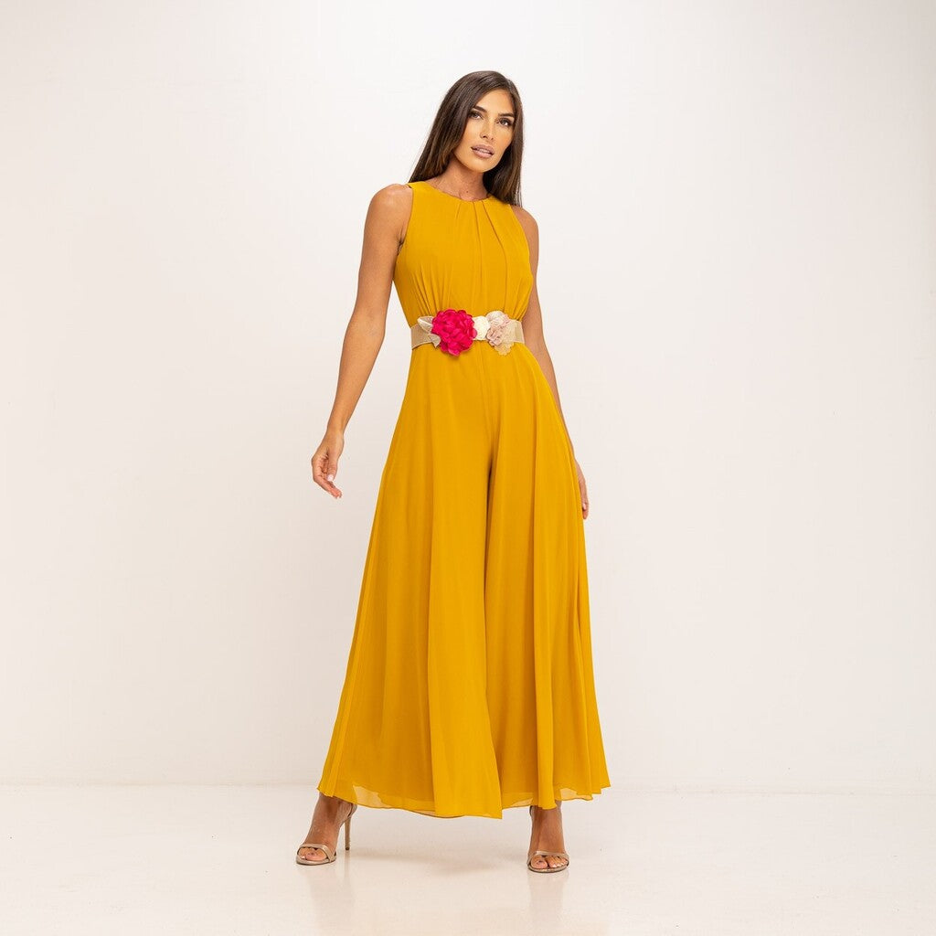 Mono de Fiesta Mostaza con cinturón de flores MANGO ZARA