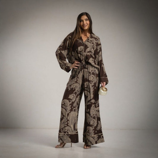 Pantalón marron chcolate estampado pasley satinado