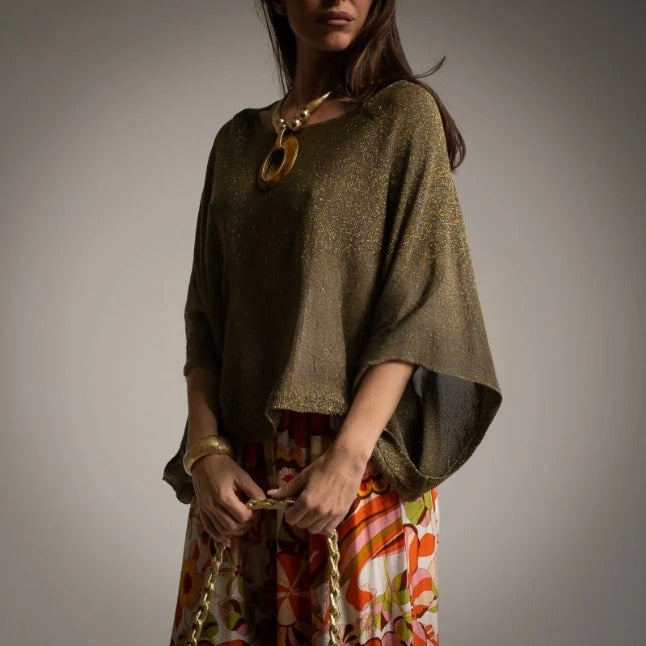 Sweater Capa Crop Caqui Lurex
