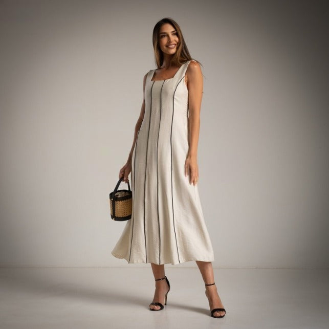 Vestido Blanco de Viscosa con Vivos en negro