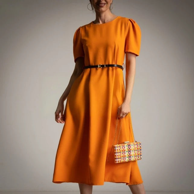 Vestido Lady Naranja con cinturon y Manga Corta Moda50