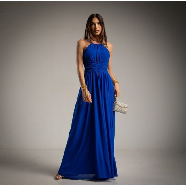 Vestido Largo de Gasa Azul Electrico
