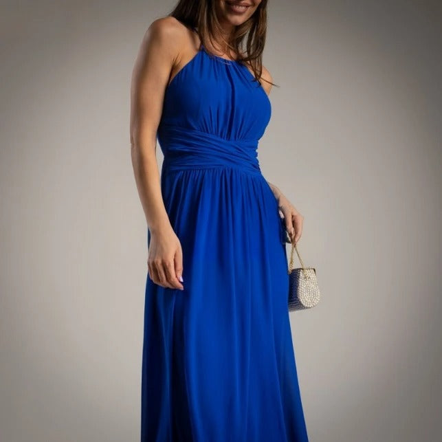Vestido Largo de Gasa Halter Azul Electrico