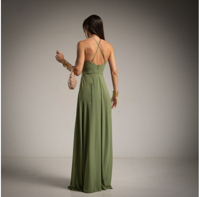 Vestido Largo de Gasa Halter Caqui