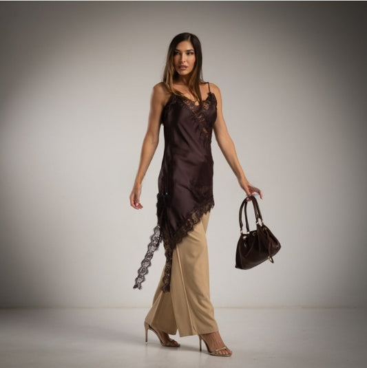 Vestido Lencero Satinado Asimetrico chocolate