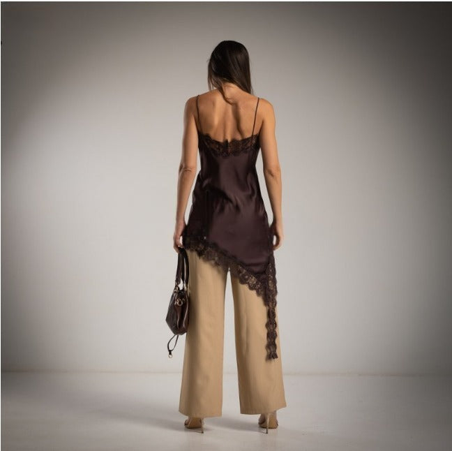 Vestido Lencero Satinado Asimetrico chocolate