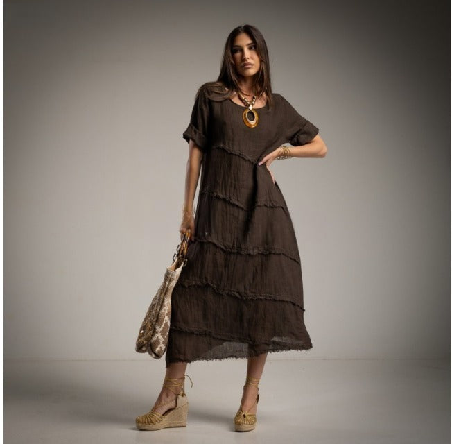 Vestido Marron Chocolate de Lino a capas desflecadas Moda50