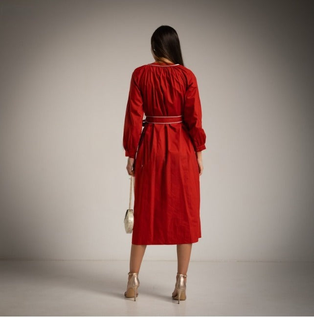 Vestido Teja cuello mao y bordado de palmeras