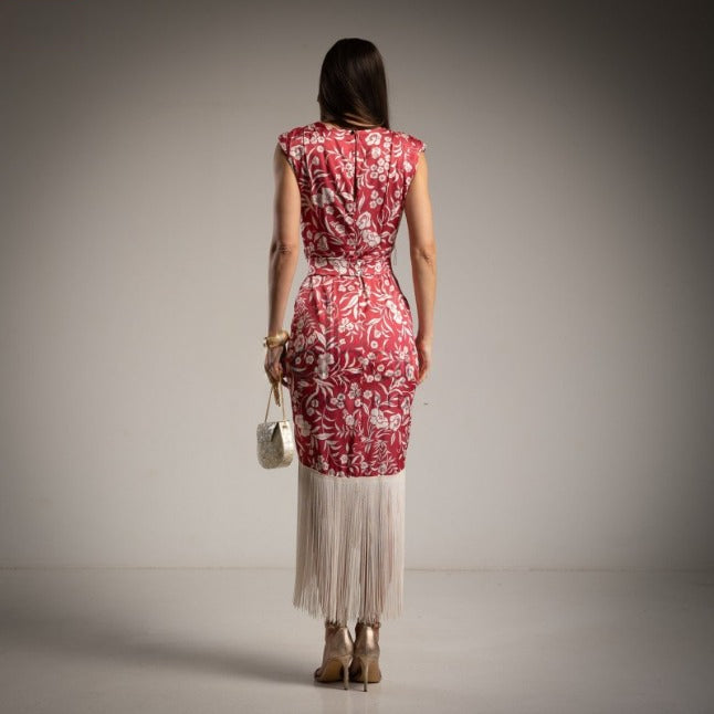 Vestido andaluz rojo con flecos y estampado floral Moda50