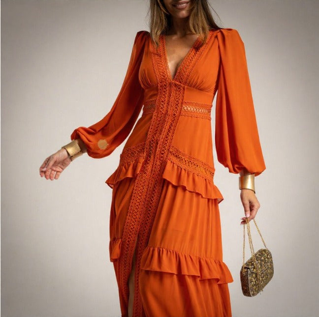 Vestido de Fiesta largo en gasa naranja teja