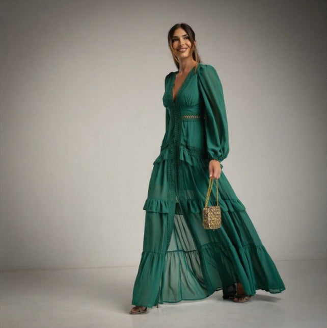 Vestido de Fiesta largo en gasa verde botella