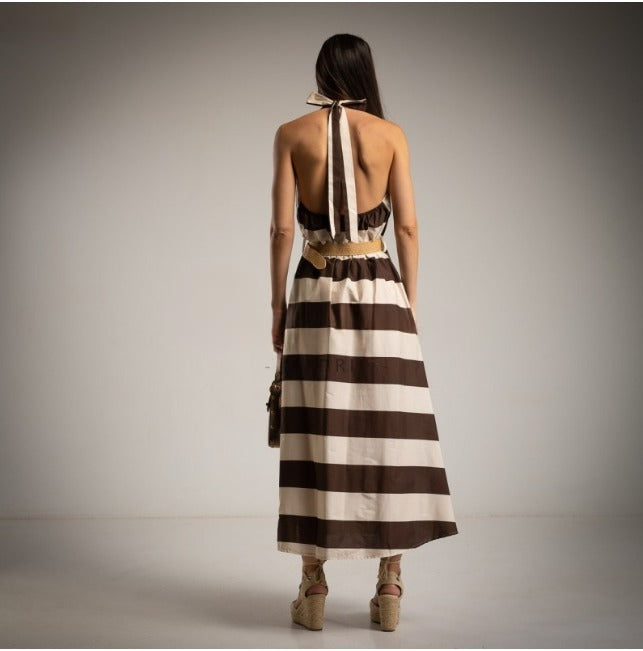 Vestido de Rayas Marrones con cuello halter estilo Marilyn Monroe