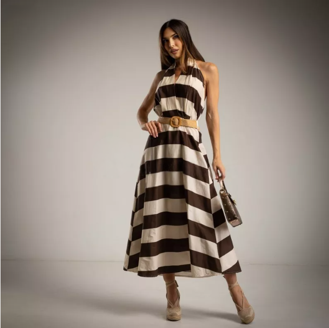 Vestido de Rayas Marrones estilo Marilyn Monroe con cuello halter y cinturon
