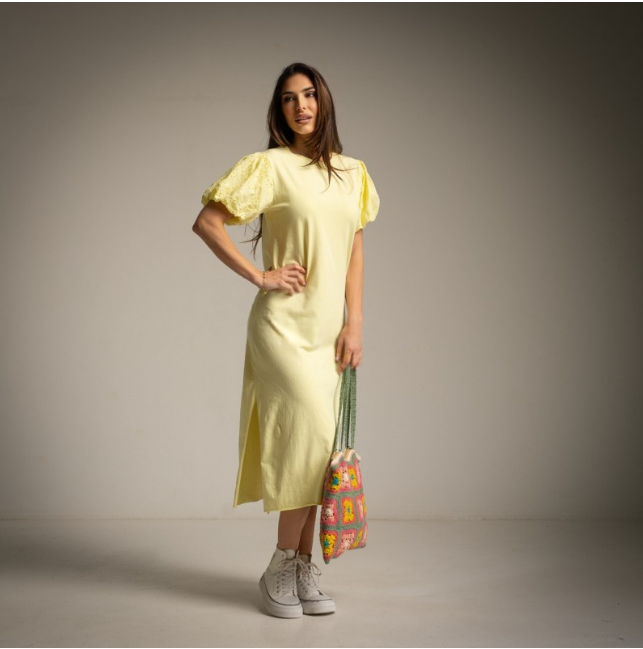 Vestido de algodon manga batista amarillo vainilla Moda0