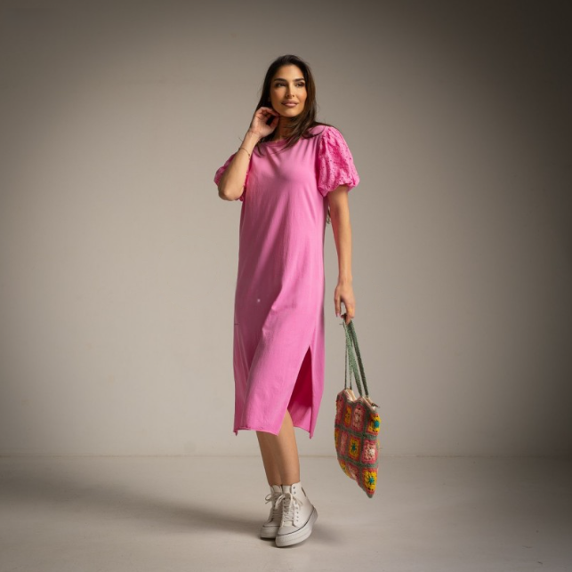 Vestido de algodon manga batista rosa chicle Moda50