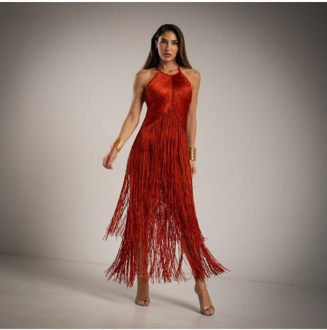 Vestido de fiesta de flecos teja