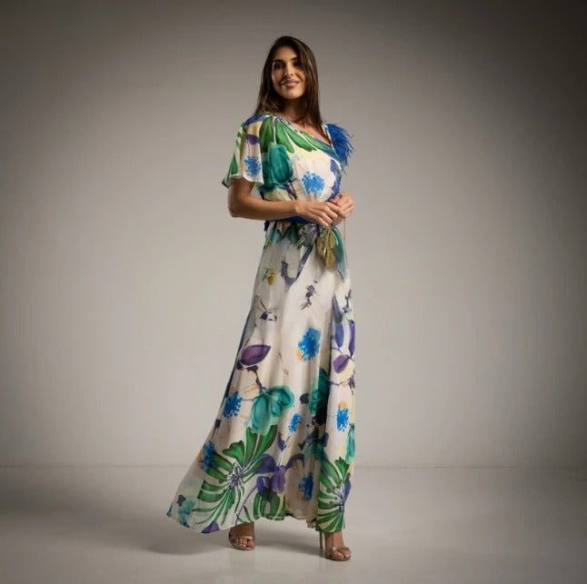 Vestido de gasa estampado floral azul, verde y morado