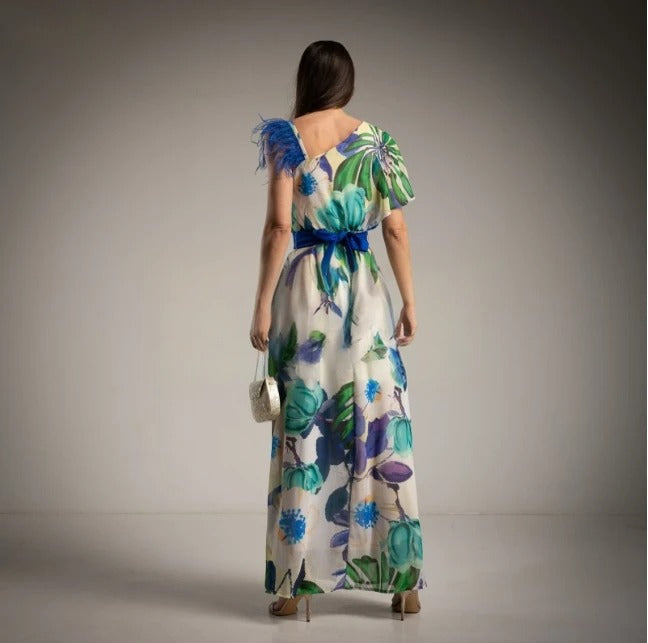 Vestido de gasa estampado floral azul, verde y morado de Ceremonia Asimétrico con plumas