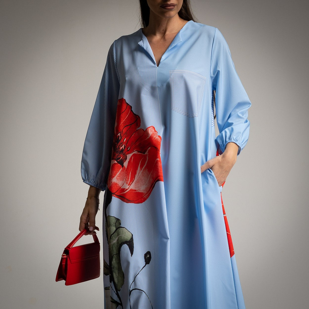 Vestido holgado azul estampado amapola