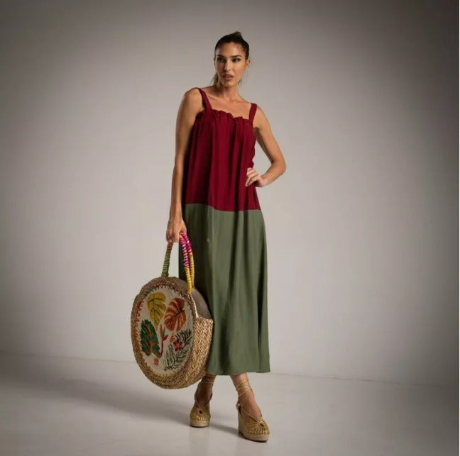 Vestido largo con tirantes binomio kaki y burgundy