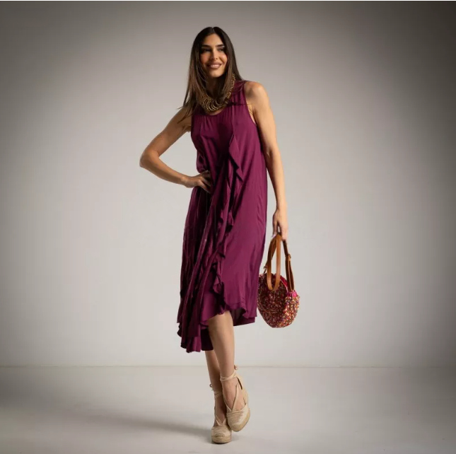 Vestido midi berenjena con godets en viscosa