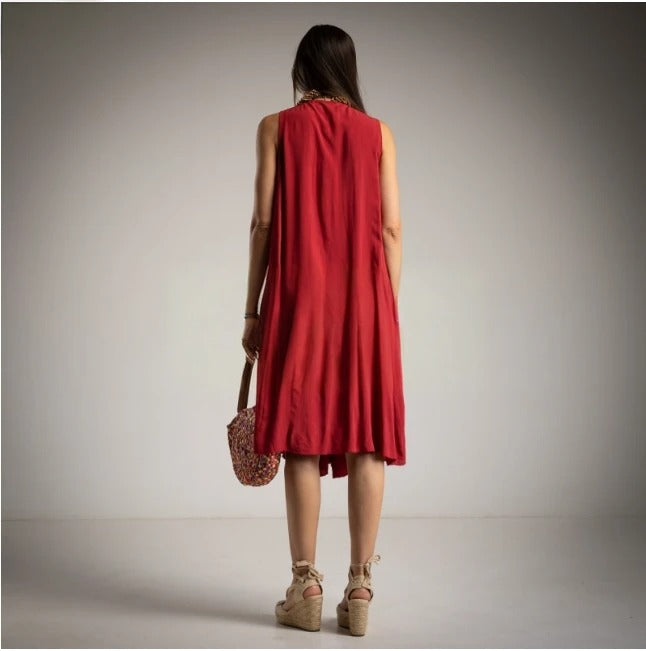 Vestido midi rojo con godets en viscosa Moda50