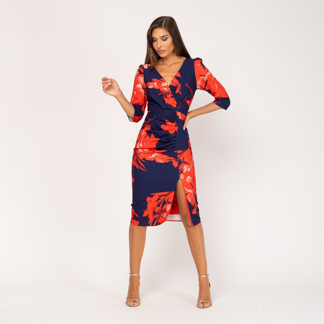 Vestido midi de fiesta estampado oriental azul marino y rojo MANGO ZARA