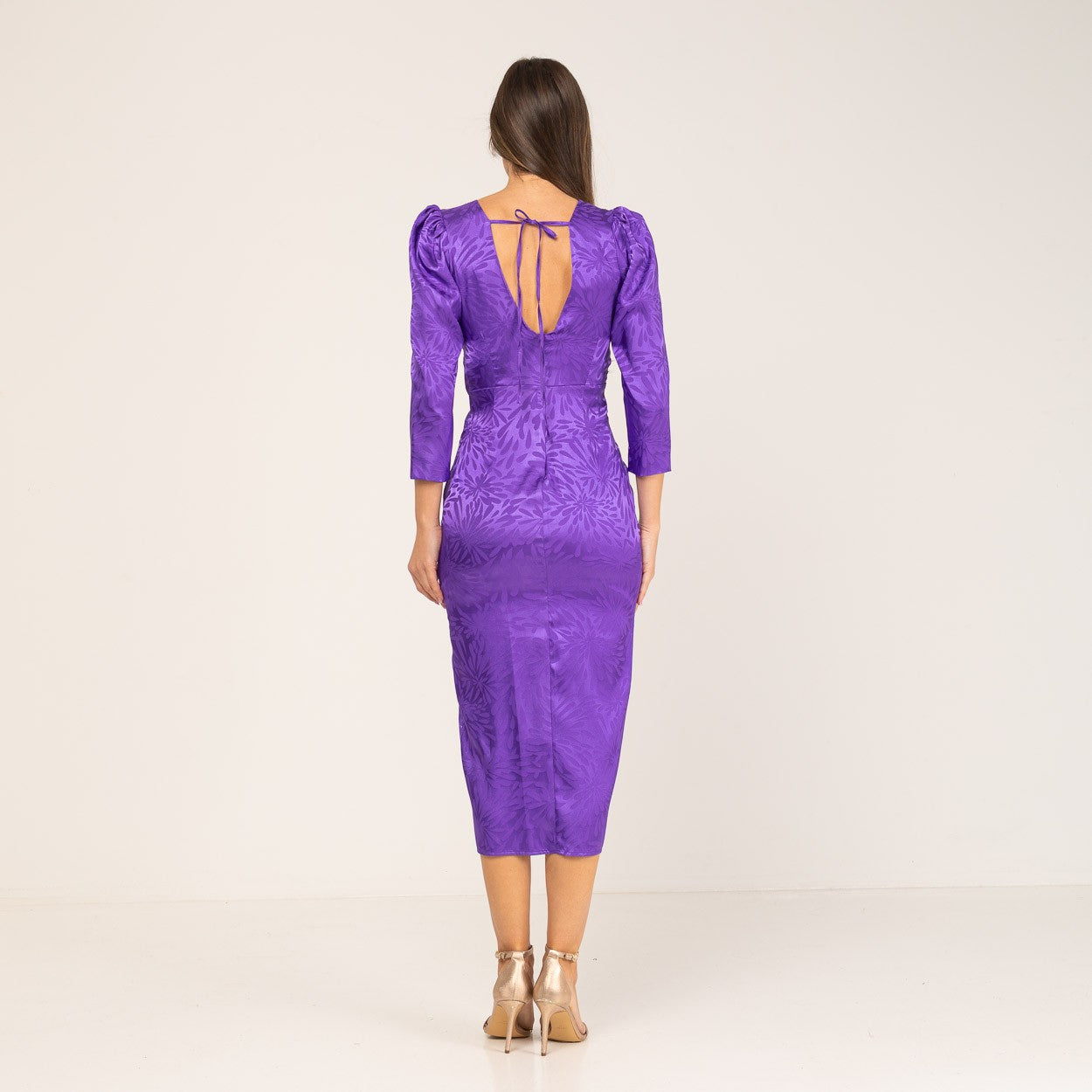 Vestido estampado Jacquard Morado de Ceremonia lazo bajo el pecho Tallas Grandes