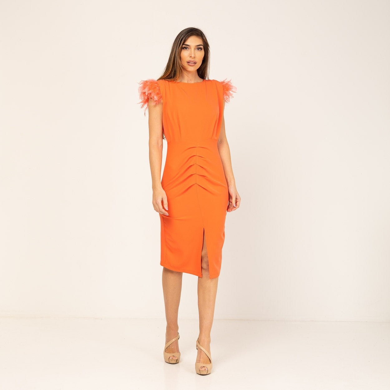 Vestido de fiesta coral plumas MANGO ZARA Talla grande