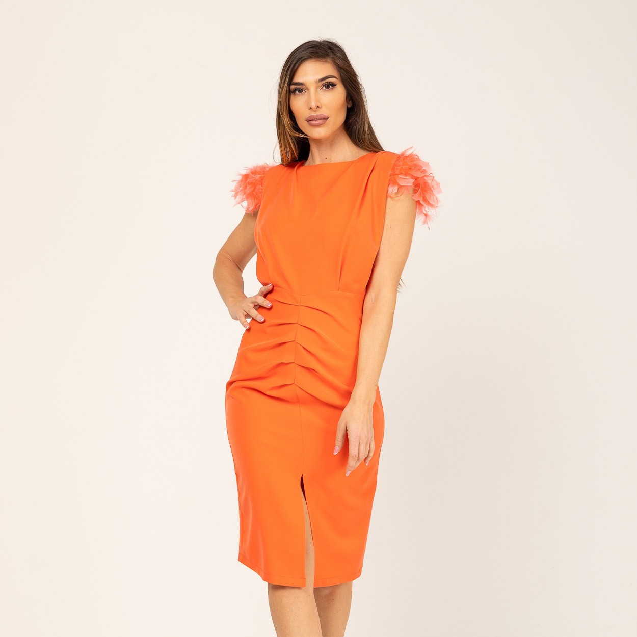 Vestido de fiesta coral plumas MANGO ZARA Talla grande