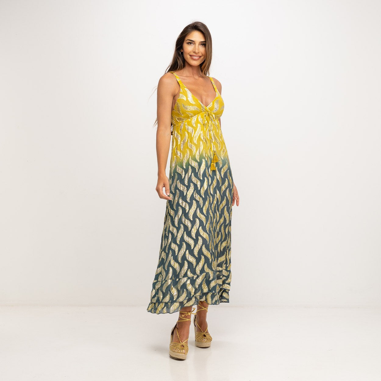 Vestido Boho Tirantes Amarillo Verde Dorado