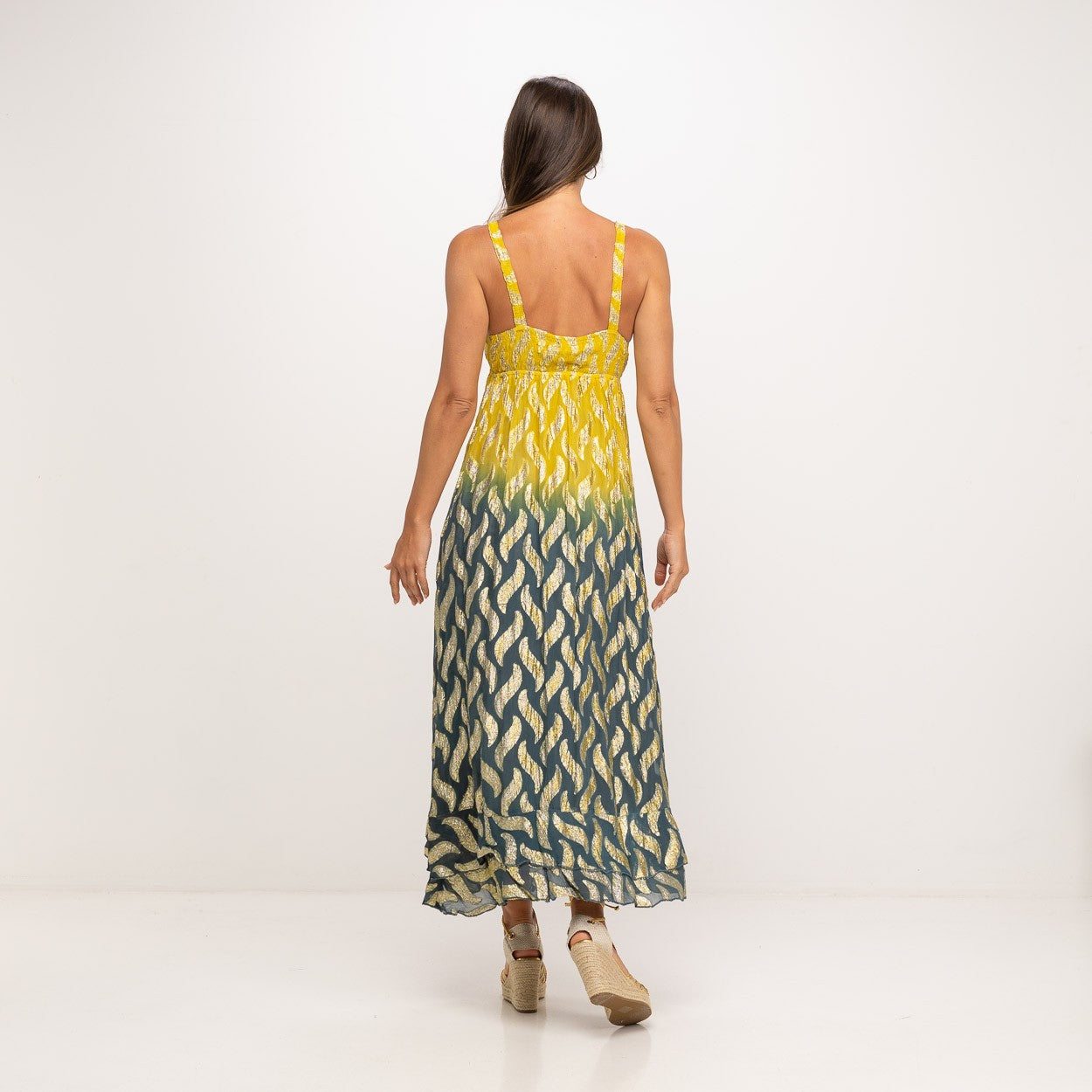 Vestido Boho Amarillo Verde Dorado