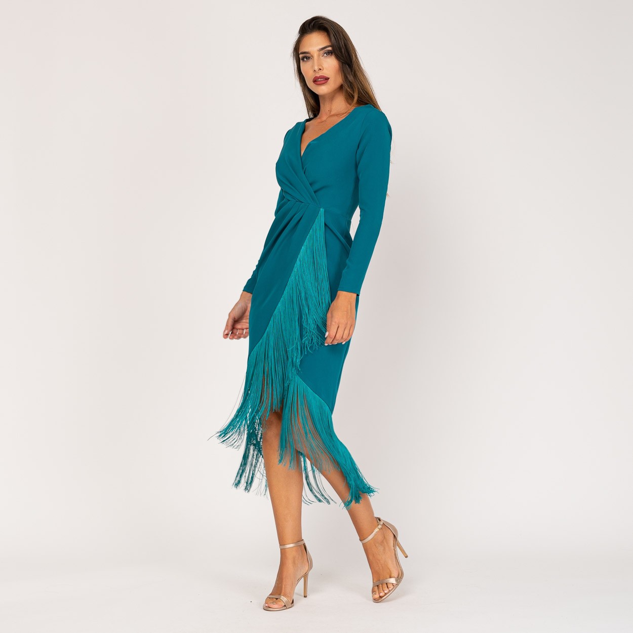 Vestido midi de fiesta azul con Flecos Moda50